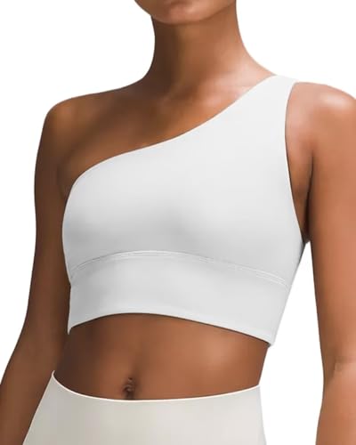 QUEENIEKE Einschultriger Sport-BH für Damen, leichte Unterstützung, Racerback, gepolsterte Spaghettiträger, Yoga-BH, Weiss/opulenter Garten, Medium von QUEENIEKE