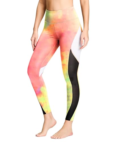 QUEENIEKE 8030 Yogahose für Damen, Netzstoff, Farbblockierung, für Workout, Laufen, Leggings, Rosa und Gelb mit Batikfärbung, Groß von QUEENIEKE