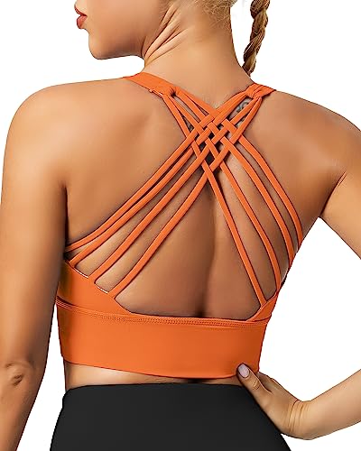 QUEENIEKE Riemchen-Sport-BHs für Frauen, gepolsterter Yoga-BH, überkreuzter Rücken, Longline, Workout, Tanktops, Fluoreszierendes Orange, Large von QUEENIEKE