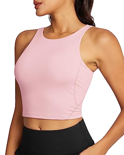 QUEENIEKE Sport BH Damen ohne Bügel Rückenfrei Gepolstert Longline Sport Bra High Neck U Rücken Mittlerer Stark Halt Fitness Gym Yoga Crop Top Größe XS Farbe Rosa Pfingstrose 220308 von QUEENIEKE