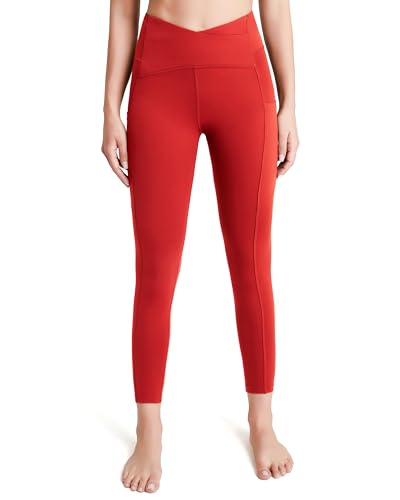 QUEENIEKE Sport Leggings Damen V Cross High Waist Yogahose Lang Sportleggings Blickdicht Bund Bauchkontrolle Leggins mit 3 Taschen Gym Yoga Fitness Farbe Hellrot Größe XL von QUEENIEKE