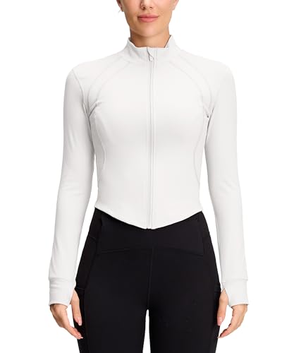 QUEENIEKE Sportjacke Damen Atmungsaktive Leicht Enge Laufjacke Mit Reißverschluss für Yoga Gym Daumenloch Sportoberteil Weiß XXL von QUEENIEKE