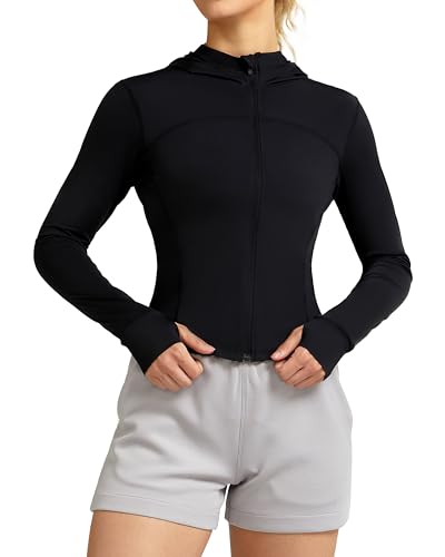 QUEENIEKE UPF 50+ UV Shirt Damen Sonnenschutz Hoodie Full Zip UP Laufshirt Langarm Laufjacken Sportjacken mit Kapuze für Wandern Outdoor Surfen Funktionsshirt Schwarz M von QUEENIEKE