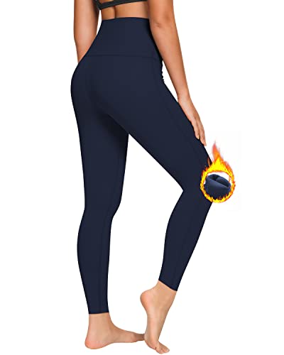 QUEENIEKE Yoga Hosen Damen-hohe Taillen Yoga Leggings mit Tasche Trainings Strumpfhosen für Laufen Fitness(Dunkelblaue Thermo Funktion, XL) von QUEENIEKE