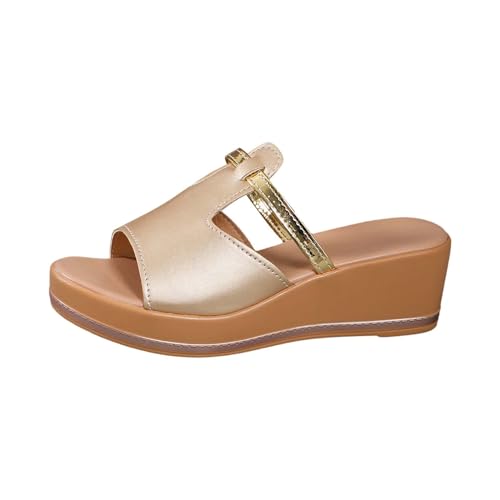 QUINTRA Bequeme Damen Plattform Keilsandalen Fischmaul Offene Zehe Slip On Slides Casual Outdoor Sommer Strandschuhe (Gold, 41) von QUINTRA