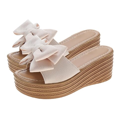 QUINTRA Bow High Espadrilles Keilplateausandalen für Frauen Boho Sommer Offene Zehenpartie Bequeme Sohle Slip On Slide Strandschuhe (White, 36) von QUINTRA