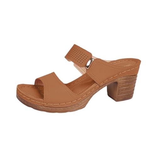 QUINTRA Damen Block Heel Plattform Keilsandalen Doppelriemen Offene Zehe Slip On Slides Weiche Sohle Dressy Sommerschuhe (Brown, 38) von QUINTRA