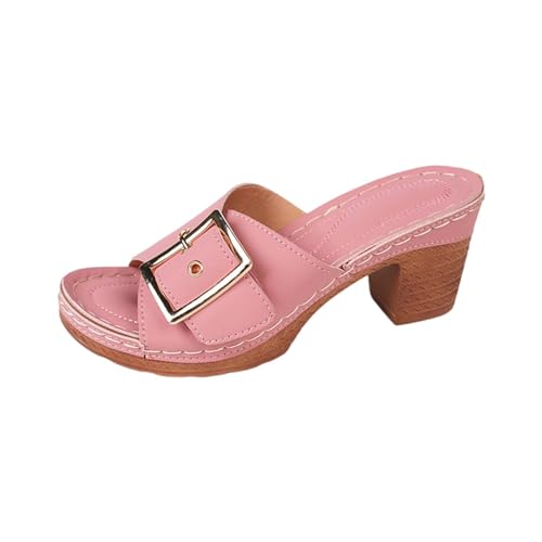 QUINTRA Damen Block Heels Plateau Sandalen Schnallenriemen Offene Zehe Slip On Slides Weiche Sohle Sommer Strandschuhe (Pink, 40) von QUINTRA