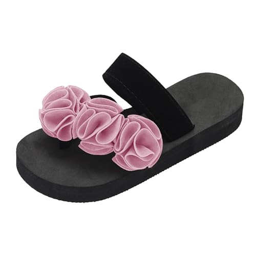 QUINTRA Damen Blumen Flache Pantoletten Sandalen Offene Zehe Bequeme Dicke Sohle Slip On Sandale Casual Sommer Strand Elegante Schuhe mit Stretchriemen (Pink, 35) von QUINTRA