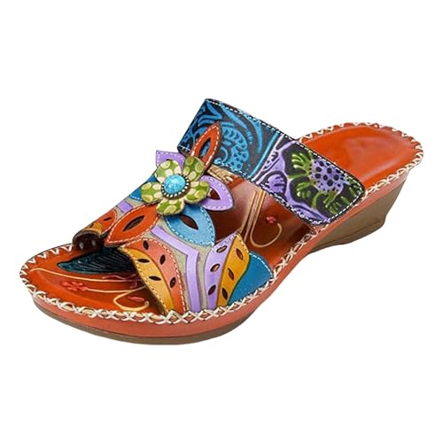 QUINTRA Damen Boho Blumendrucke Plattform Keilabsatz Sandalen T Riemen Offene Zehe Slip On Slides Sandale Sommer Strand Täglich Kleid Schuhe (Orange, 36) von QUINTRA