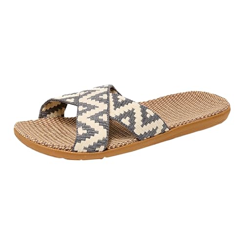 QUINTRA Damen Boho Sommer Strand Flache Pantoletten Sandalen Farbblock Crisscross Riemen Slip On Sandale Elegante Schuhe (Grey, 39) von QUINTRA