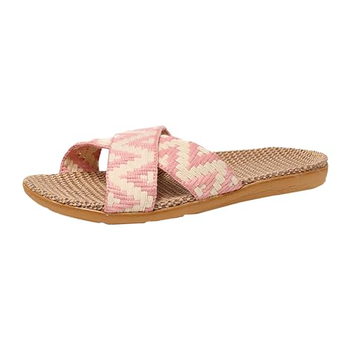 QUINTRA Damen Boho Sommer Strand Flache Pantoletten Sandalen Farbblock Crisscross Riemen Slip On Sandale Elegante Schuhe (Pink, 35) von QUINTRA