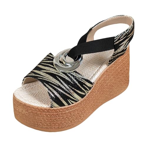 QUINTRA Damen Espadrilles Hohe Plattform Keilabsatz Sandalen Ringe Elastischer Knöchelriemen Offene Zehensandale High Heels Outdoor-Schuhe (Black, 36) von QUINTRA