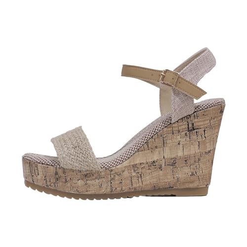 QUINTRA Damen Espadrilles Hohe Plattform Keilsandalen Schnalle Knöchelriemen Offene Zehensandale Anti-Rutsch Lässige Outdoor-Schuhe (Beige, 36) von QUINTRA