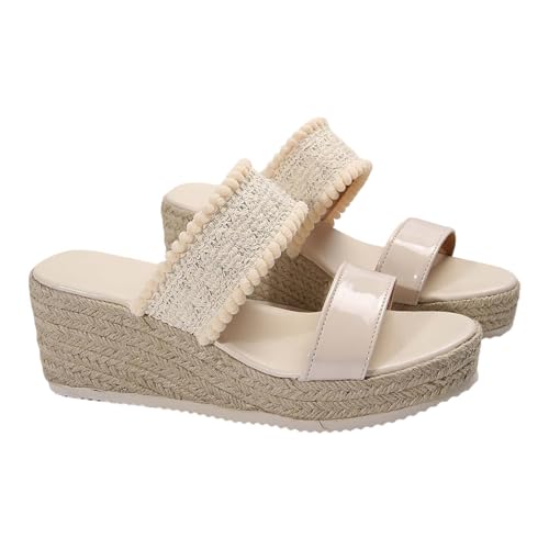 QUINTRA Damen Espadrilles Plattform Keil Slip auf Sandalen Vintage Open Toe Zwei Riemen Dressy Sommer Schuhe (Beige, 37) von QUINTRA