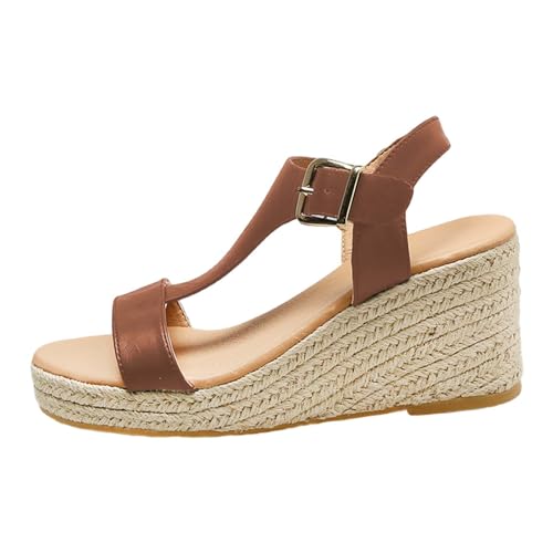 QUINTRA Damen Espadrilles Plattform Keilsandalen T Riemen Offene Zehe Sandale Casual Outdoor Sommer Strandschuhe (Brown, 36) von QUINTRA