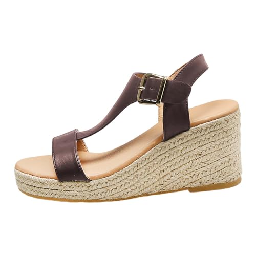 QUINTRA Damen Espadrilles Plattform Keilsandalen T Riemen Offene Zehe Sandale Casual Outdoor Sommer Strandschuhe (Coffee, 43) von QUINTRA