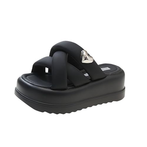 QUINTRA Damen Herz Slip On Slides Sandalen Leichte Crisscross Riemen Weiche Dicke Sohle Flache Sandale Dressy Outdoor Strandschuhe (Black, 40) von QUINTRA