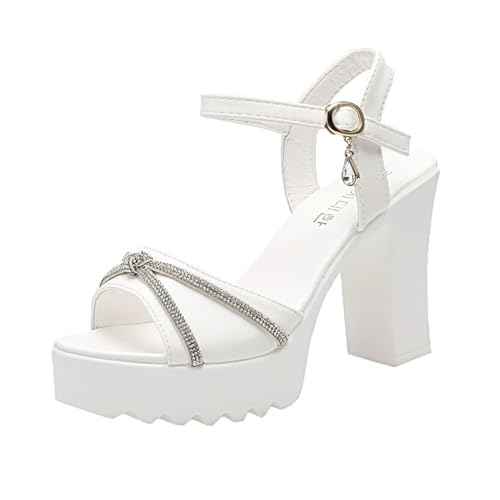 QUINTRA Damen High Block Heel Plateau Sandalen Strass Offene Zehenschnalle Knöchelriemen Sandale Rutschfeste Freizeit-Strandschuhe (White, 36) von QUINTRA