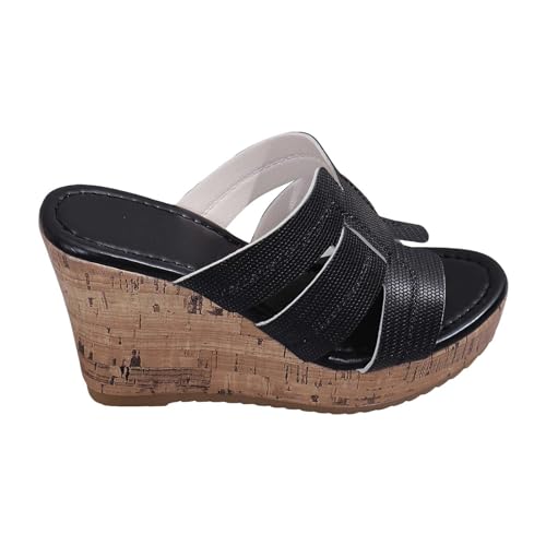 QUINTRA Damen Hohe Plattform Keilsandalen Korksohle Bequeme Dicke Sohle Slide On Slides Sandale Dressy Sommer Strandschuhe (Black, 38) von QUINTRA