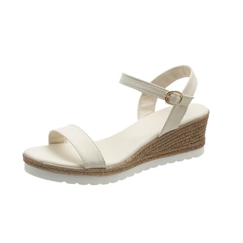 QUINTRA Damen Keilplateau Espadrilles Sandalen Lässige Schnalle Knöchelriemen Rutschfeste elegante Sommerschuhe (Beige, 36) von QUINTRA