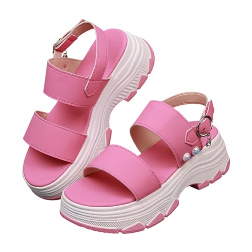 QUINTRA Damen Keilplateausandalen Anti-Rutsch Dicke bequeme Gummisohle Sommer Strand Sandalen Abendschuhe mit Schnallenriemen (Pink, 36) von QUINTRA