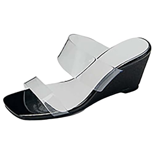 QUINTRA Damen Klare Riemen Keil Pantolette Sandalen Quadratisch Offene Zehe Slip On Slides Sandale Sommer Täglich Kleid Pumps Schuhe (Black, 41) von QUINTRA