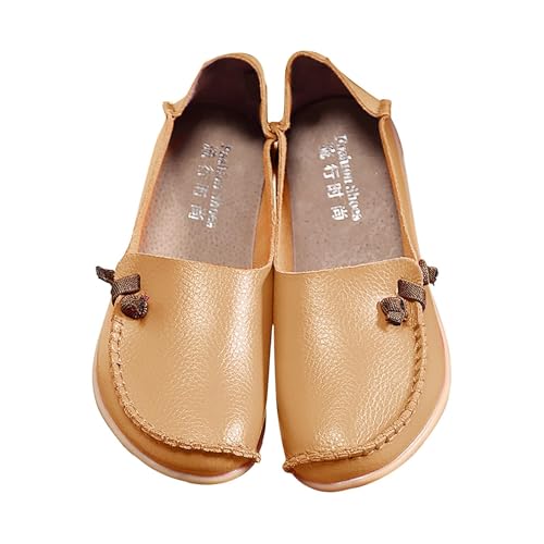 QUINTRA Damen Loafer Runde Zehe Casual Slip On Slides Bootsschuhe Bequeme Flache Schuhe für die Arbeit Fahren (Khaki, 39) von QUINTRA