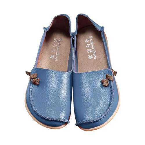 QUINTRA Damen Loafer Runde Zehe Casual Slip On Slides Bootsschuhe Bequeme Flache Schuhe für die Arbeit Fahren (Light Blue, 42) von QUINTRA