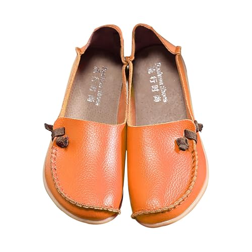 QUINTRA Damen Loafer Runde Zehe Casual Slip On Slides Bootsschuhe Bequeme Flache Schuhe für die Arbeit Fahren (Orange, 35) von QUINTRA