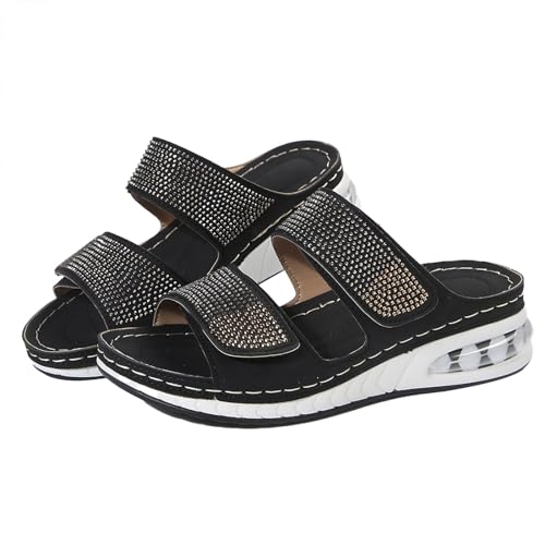 QUINTRA Damen Luftkissen Sport Keil Sandalen Strass Slip On Slides Sandale Rutschfeste Wandern Sportschuhe (Black, 36) von QUINTRA