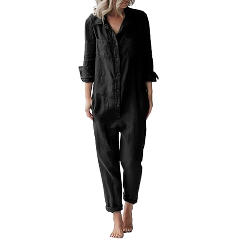 QUINTRA Damen-Overall aus Baumwolle und Leinen, modisch, lässig, lockeres, lange Ärmel, Knopfleiste und Taschen Jumpsuit Erwachsene Kuschelig (Black, L) von QUINTRA