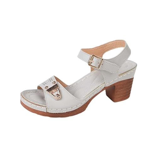 QUINTRA Damen PU Chunky Heel Plateau Sandalen Retro Weiche Sohle Sommer Strandschuhe mit Knöchelriemen (Grey, 42) von QUINTRA