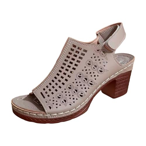 QUINTRA Damen PU High Heel Plattform Sandalen Ausschnitte Atmungsaktive Retro Weiche Sohle Sommer Strandschuhe mit Knöchelriemen (Khaki, 39) von QUINTRA