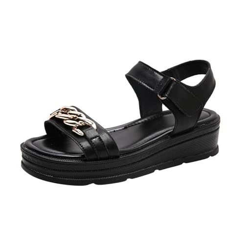 QUINTRA Damen PU Plateau Wedges Sandalen Metallische Kettenriemen rutschfeste weiche Sohle lässige Sommer-Strandschuhe (Black, 38) von QUINTRA