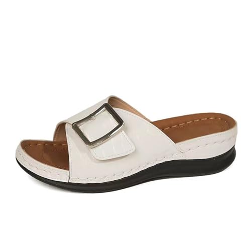 QUINTRA Damen PU Plateau Wedges Sandalen Schnallenriemen Rutschfeste weiche Sohle Slip On Slides Sandale Lässige Sommer-Strandschuhe (White, 36) von QUINTRA