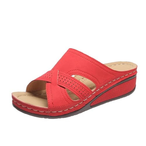 QUINTRA Damen PU Plattform Keil Slip On Slides Sandalen Dicke Sohle Leichte Walking Wandern Sportschuhe (Red, 36) von QUINTRA