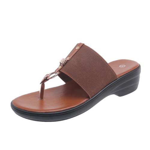 QUINTRA Damen PU Plattform Keil Slip On Slides Sandalen Dicke Sohle Tanga Sandale Leichte Outdoor Sommer Strandschuhe (Brown, 38) von QUINTRA