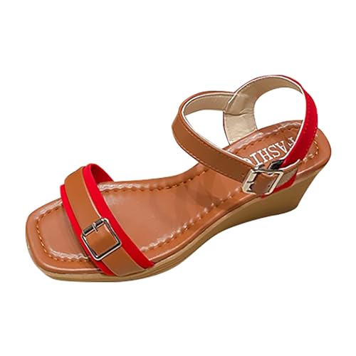 QUINTRA Damen PU Plattform Keilsandalen Retro Square Offene Zehe Schnalle Riemen Sandale Casual Outdoor Sommer Strandschuhe (Red, 39) von QUINTRA