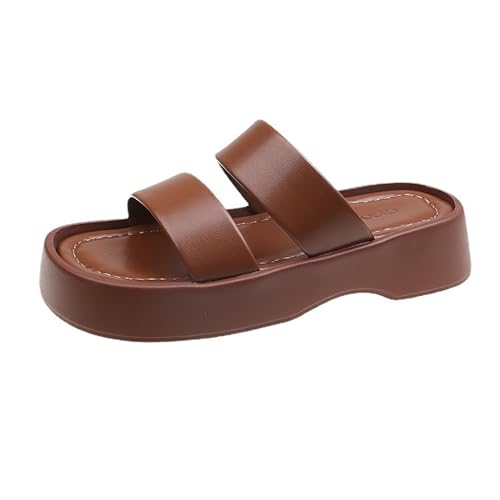 QUINTRA Damen PU Slip On Slides Sandalen Elastische Doppelriemen Weiche Dicke Sohle Flache Sandale Dressy Outdoor Strandschuhe (Brown, 40) von QUINTRA