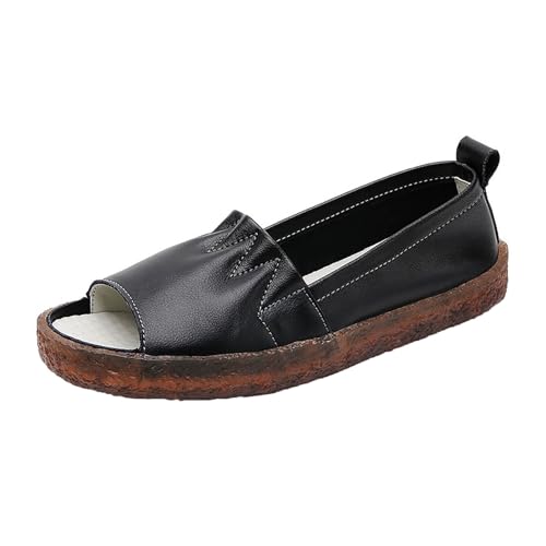 QUINTRA Damen PU Vintage Flache Sandalen Fischmaul Offene Zehen Bequeme Outdoor-Sport-Slip-On-Sandale Lässiges Sommerkleid Schuhe (Black, 39) von QUINTRA