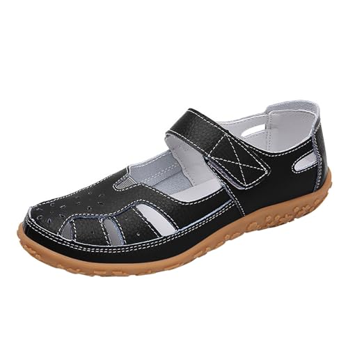 QUINTRA Damen PU flache Sandalen Geschlossene Zehen Hohle Atmungsaktive Outdoor-Sportsandale Anti-Rutsch-lässige Sommerkleidschuhe (Black, 38) von QUINTRA