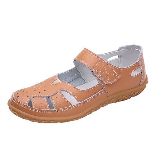 QUINTRA Damen PU flache Sandalen Geschlossene Zehen Hohle Atmungsaktive Outdoor-Sportsandale Anti-Rutsch-lässige Sommerkleidschuhe (Brown, 36) von QUINTRA