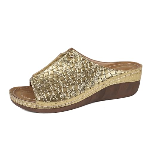 QUINTRA Damen Pailletten Plateau Keilsandalen Offene Zehe Slip On Slides Weiche Gummisohle Sommer Strandschuhe (Gold, 36) von QUINTRA