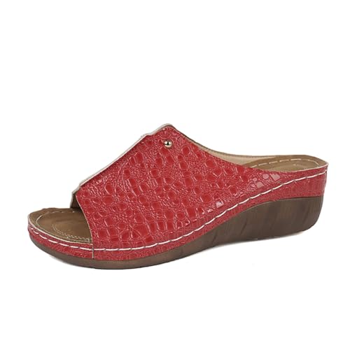 QUINTRA Damen Pailletten Plateau Keilsandalen Offene Zehe Slip On Slides Weiche Gummisohle Sommer Strandschuhe (Red, 39) von QUINTRA