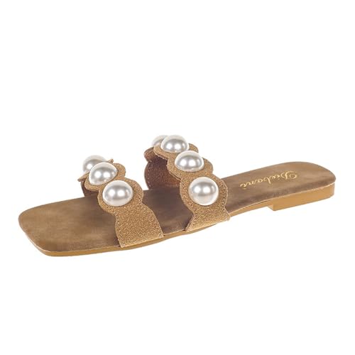 QUINTRA Damen Perlen Slip On Slides Sandalen Doppelriemen Offene Zehen Flache Sandalen Lässiger Sommer Strandkleid Schuhe (Brown, 41) von QUINTRA