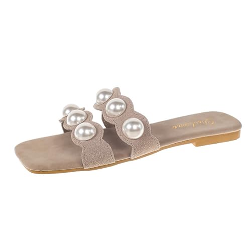 QUINTRA Damen Perlen Slip On Slides Sandalen Doppelriemen Offene Zehen Flache Sandalen Lässiger Sommer Strandkleid Schuhe (Khaki, 36) von QUINTRA