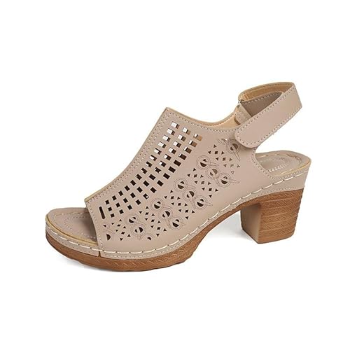 QUINTRA Damen Plattform Keil Sandalen Ausschnitte Atmungsaktive Chunky Block Heels Sandale Spitze Zehe Thick Sohle Dressy Sommer Schuhe (Khaki, 36) von QUINTRA