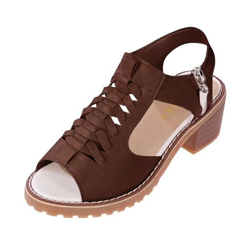 QUINTRA Damen Sandalen mit niedrigem Blockabsatz Ausschnitte Offene Zehen Reißverschluss Sandale Rutschfeste Casual Sommer Strandkleid Schuhe (Coffee, 43) von QUINTRA