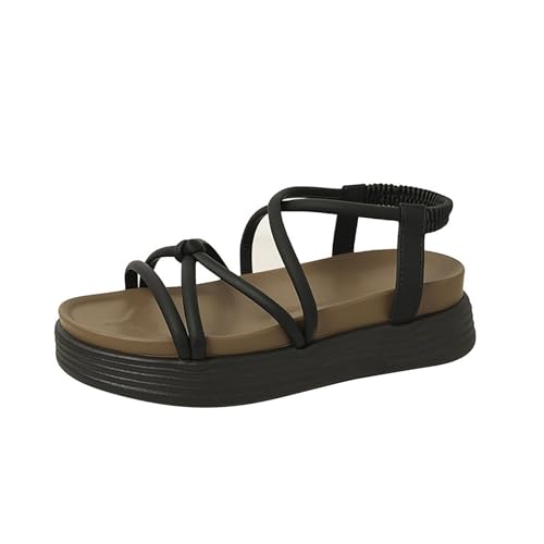 QUINTRA Damen Sommer Slip On Slides Sandalen Elastische Crisscross Riemchen Dicke Sohle Flache Sandale Dressy Outdoor Strandschuhe (Black, 38) von QUINTRA